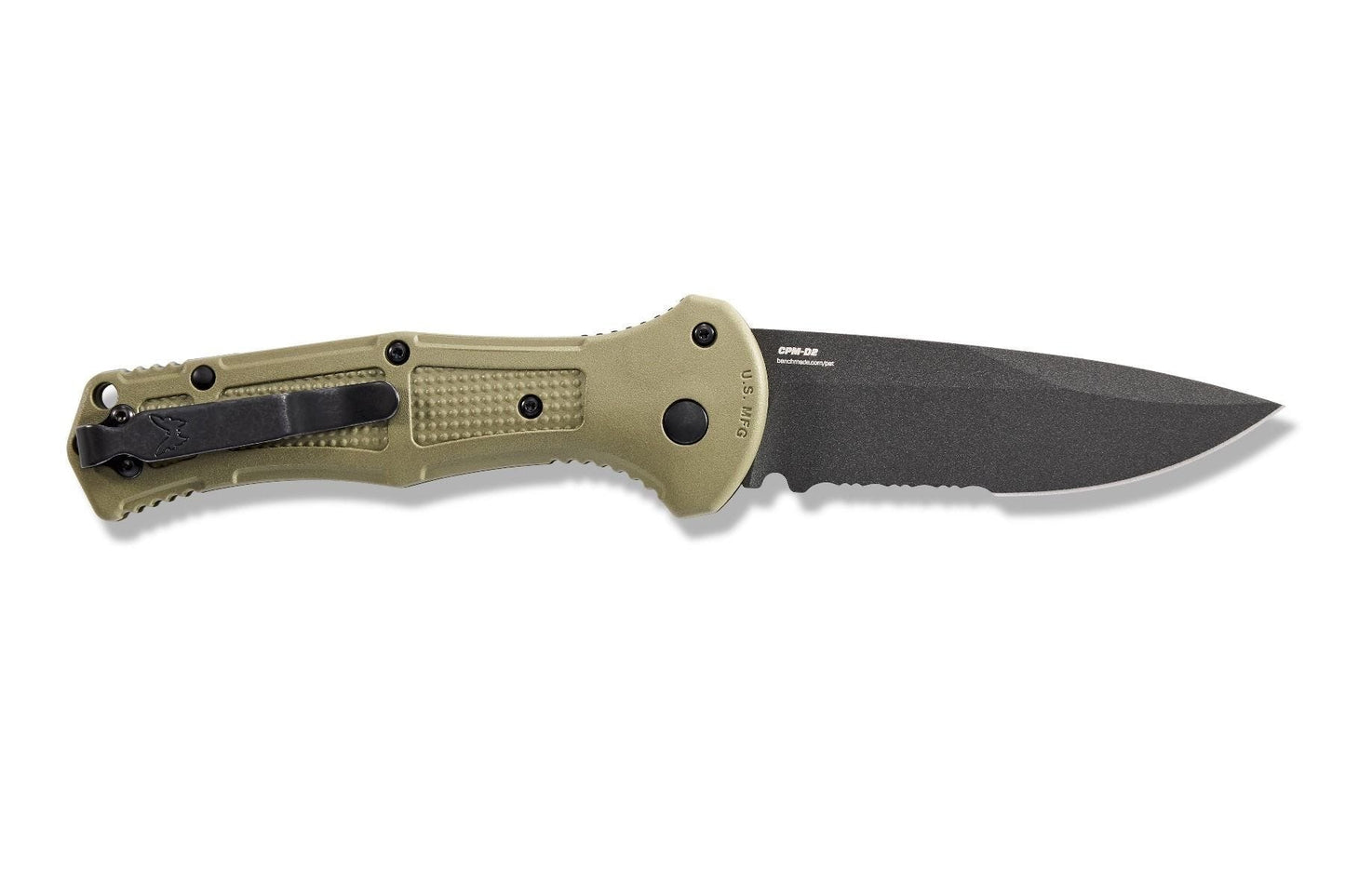 Benchmade Claymore 9070SBK-1 open position showing serrated CPM-D2 drop-point blade