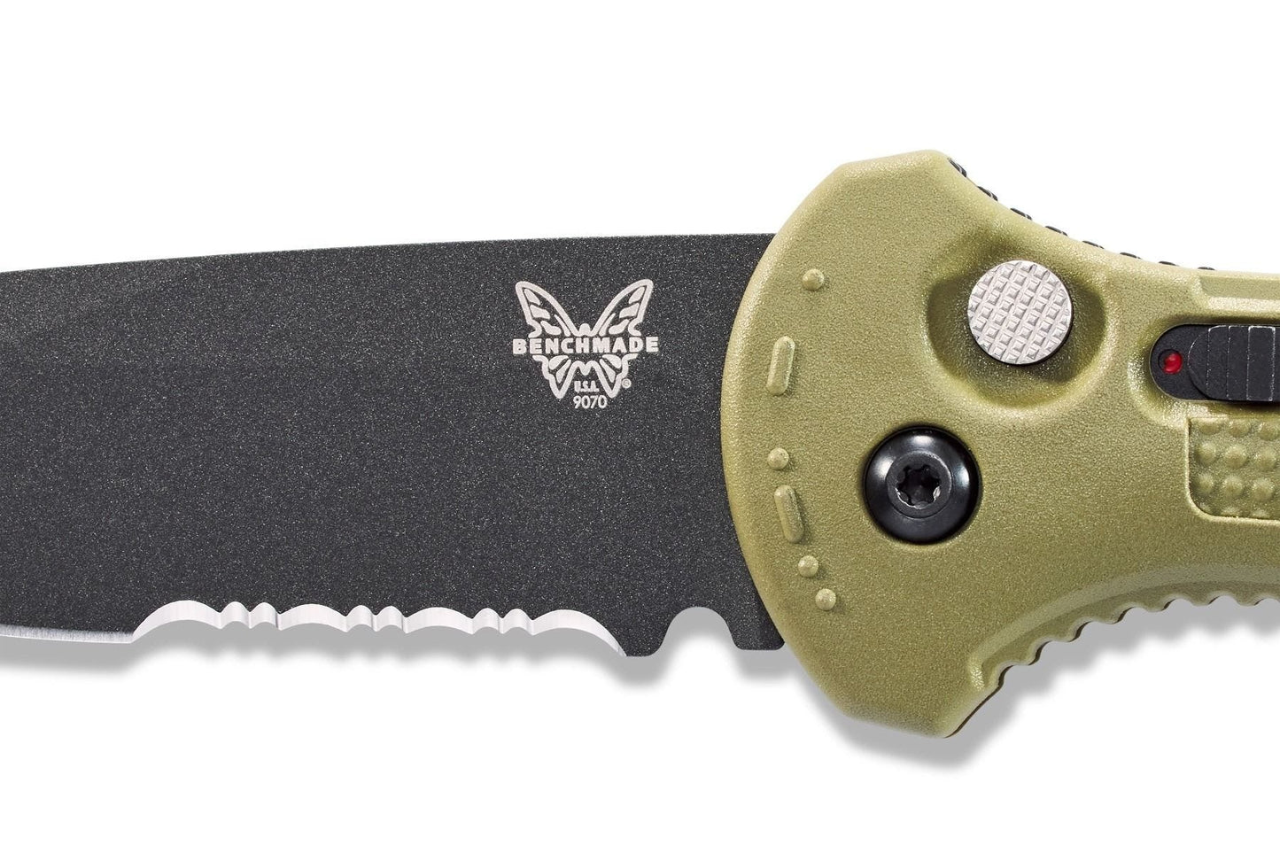Benchmade Claymore 9070SBK-1 serrated blade detail, cobalt black CPM-D2