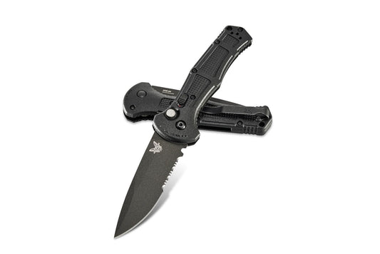 Benchmade Claymore 9070SBK front view, 3.60 inch CPM-D2 cobalt black serrated drop-point automatic knife