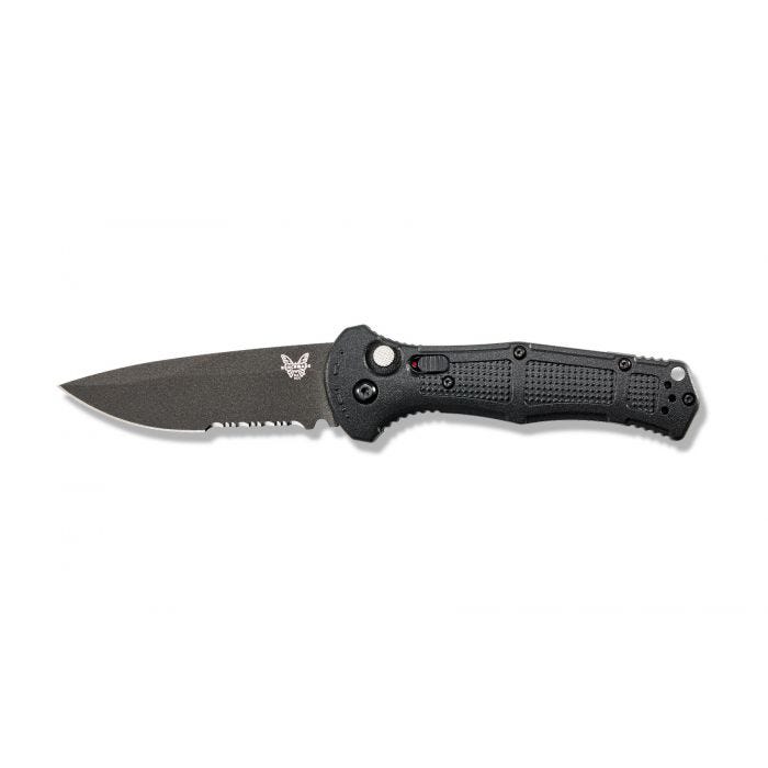 Benchmade Claymore 9070SBK open position showing serrated CPM-D2 drop-point blade