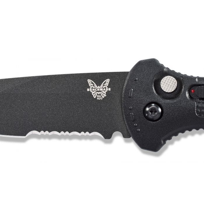 Benchmade Claymore 9070SBK serrated blade detail, cobalt black CPM-D2