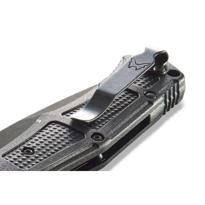 Benchmade Claymore 9070SBK – 3.60″ CPM-D2 Cobalt Black Serrated Drop-Point Automatic Knife, Black Grivory