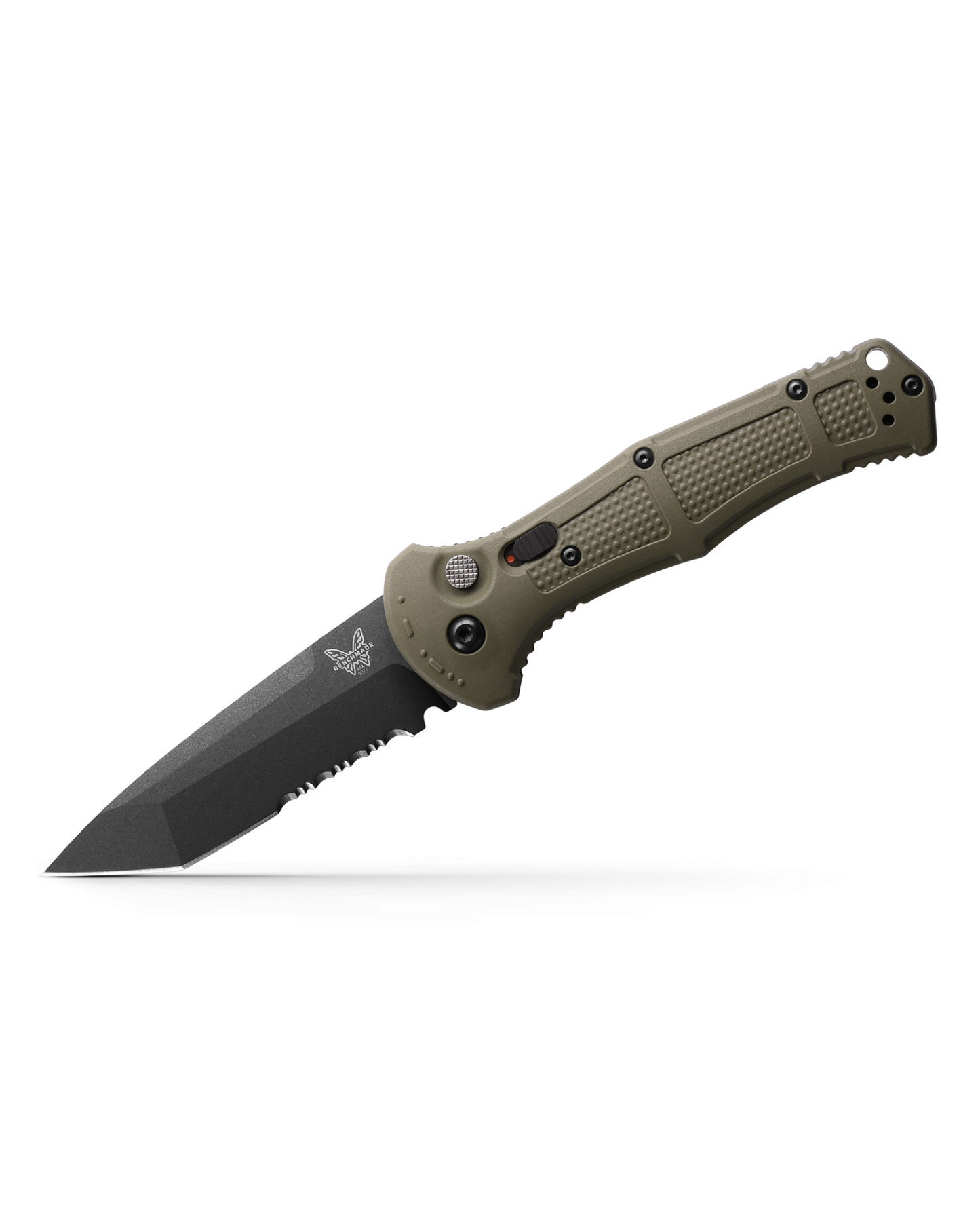 Benchmade Claymore 9071SBK-1 open position showing serrated CPM-D2 tanto blade