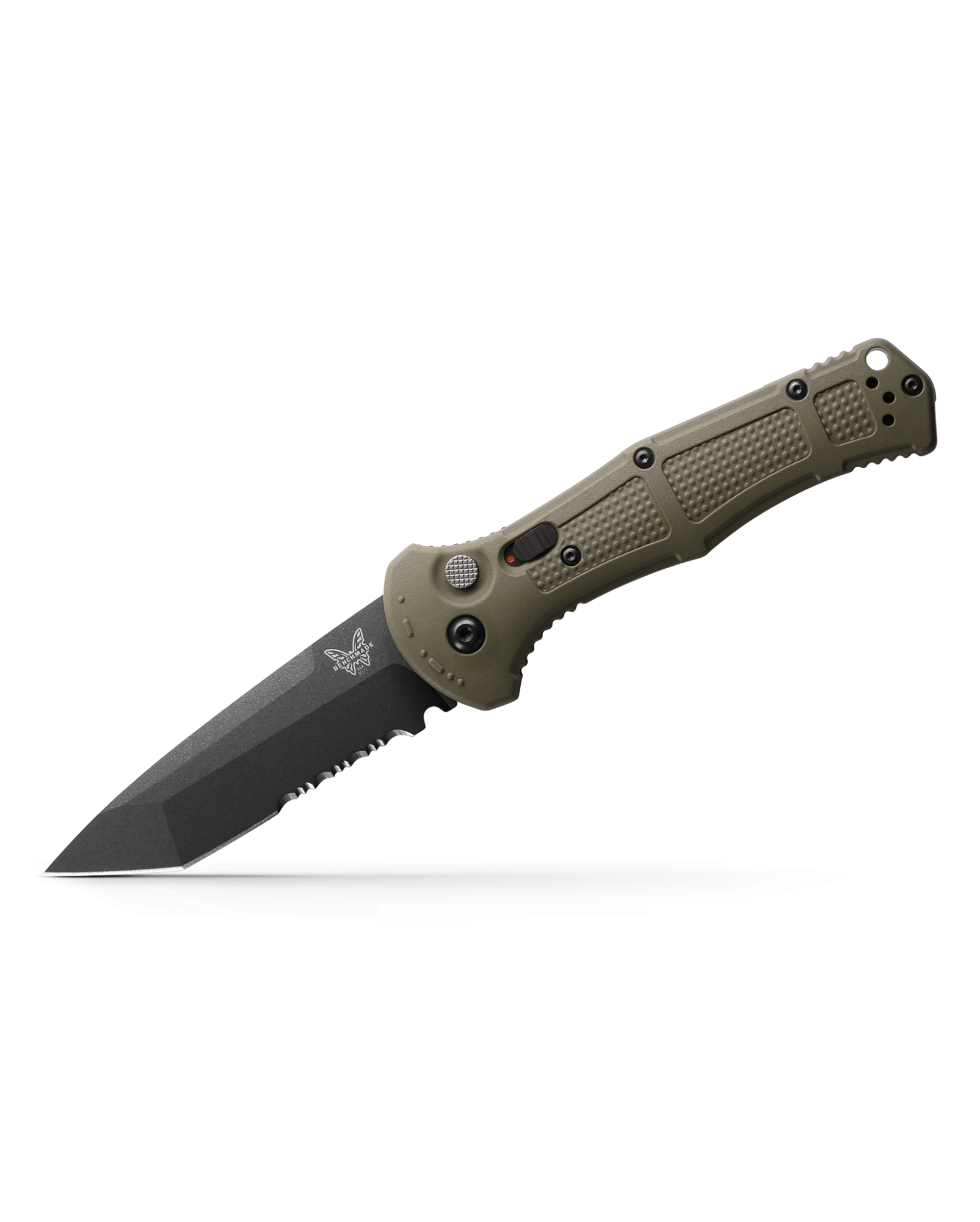 Benchmade Claymore 9071SBK-1 open position showing serrated CPM-D2 tanto blade