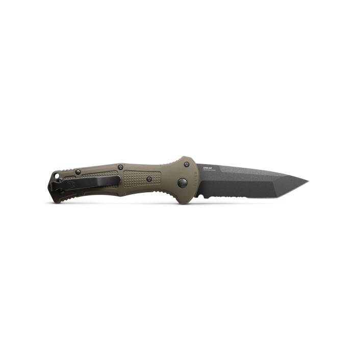 Benchmade Claymore 9071SBK-1 – 3.60″ CPM-D2 Cobalt Black Serrated Tanto Automatic Knife, Ranger Green Grivory