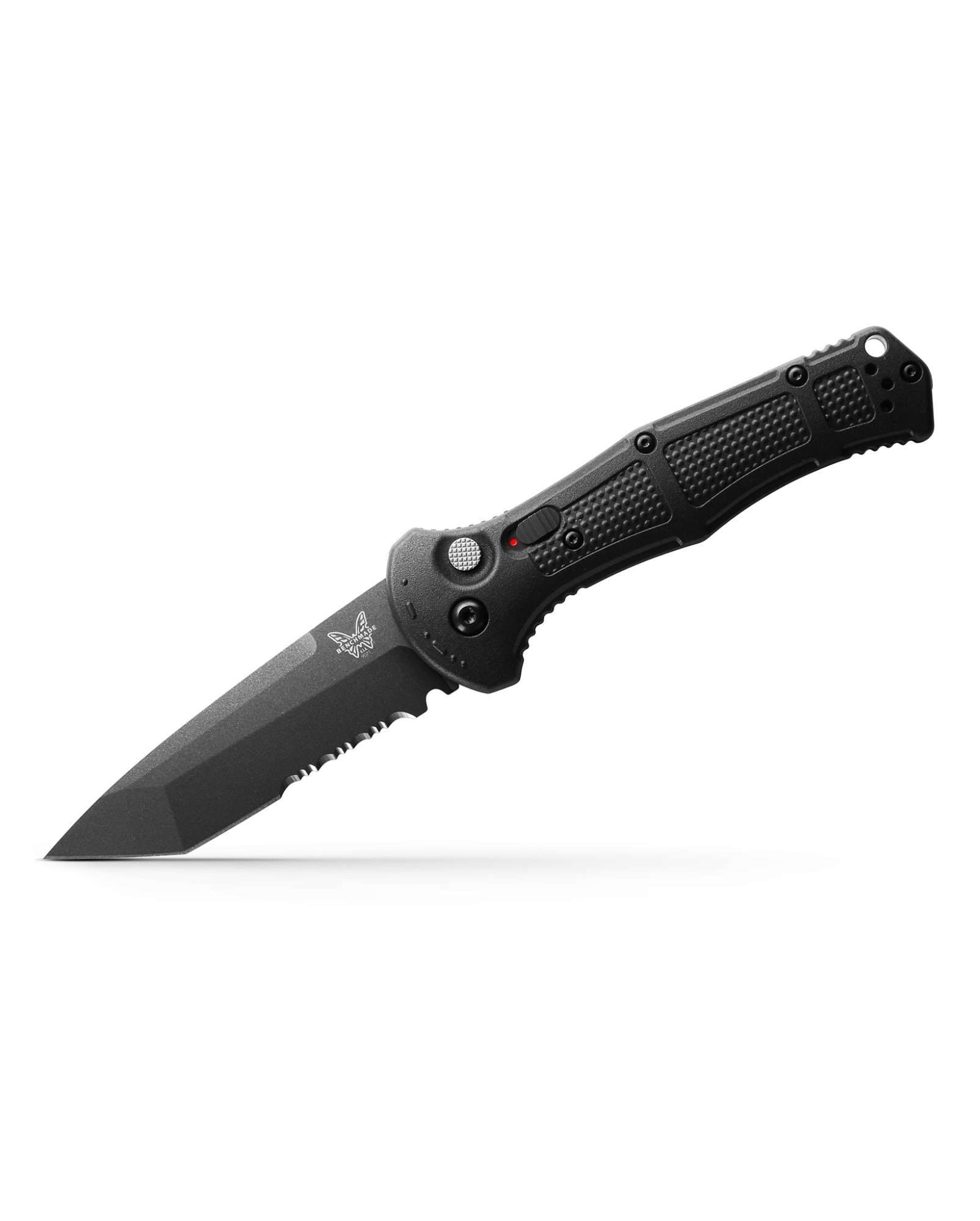 Benchmade Claymore 9071SBK open position showing serrated CPM-D2 tanto blade