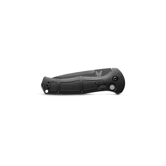 Benchmade Claymore 9071SBK serrated tanto blade detail, cobalt black CPM-D2