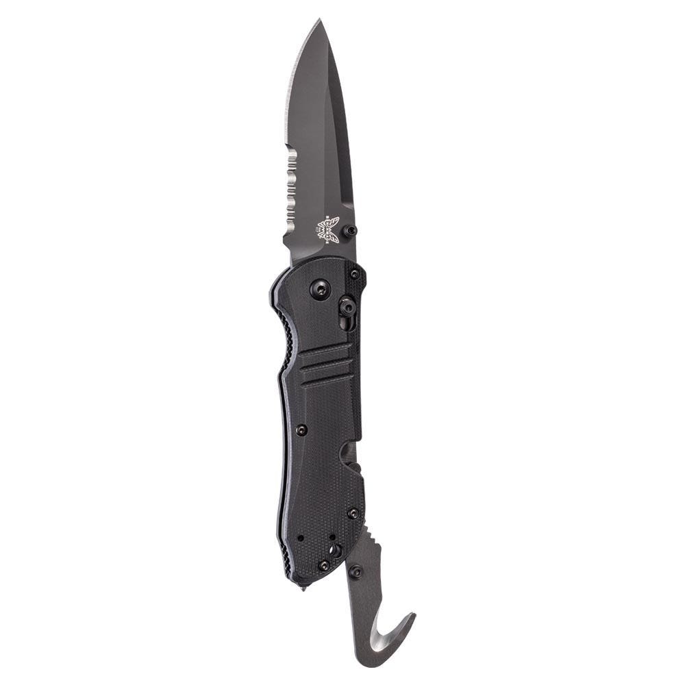 Benchmade Tactical Triage 917SBK front view – 3.48″ black N680 combo-edge AXIS rescue folding knife with strap cutter