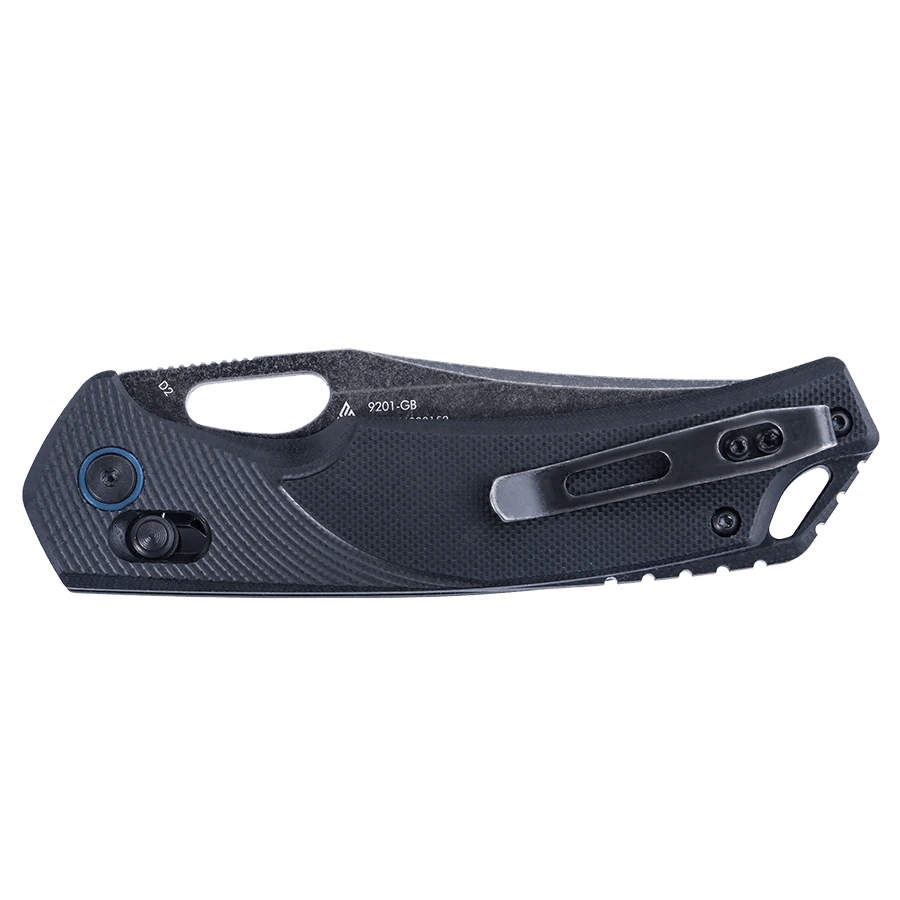 SRM Retriever 9201-GB open position showing black stonewash D2 clip point blade and black G10 handle