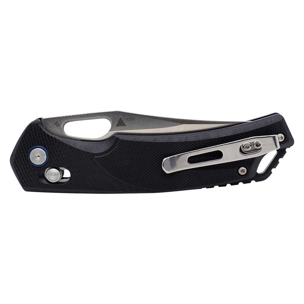 SRM Retriever 9201 open position showing brushed D2 clip point blade and black G10 handle