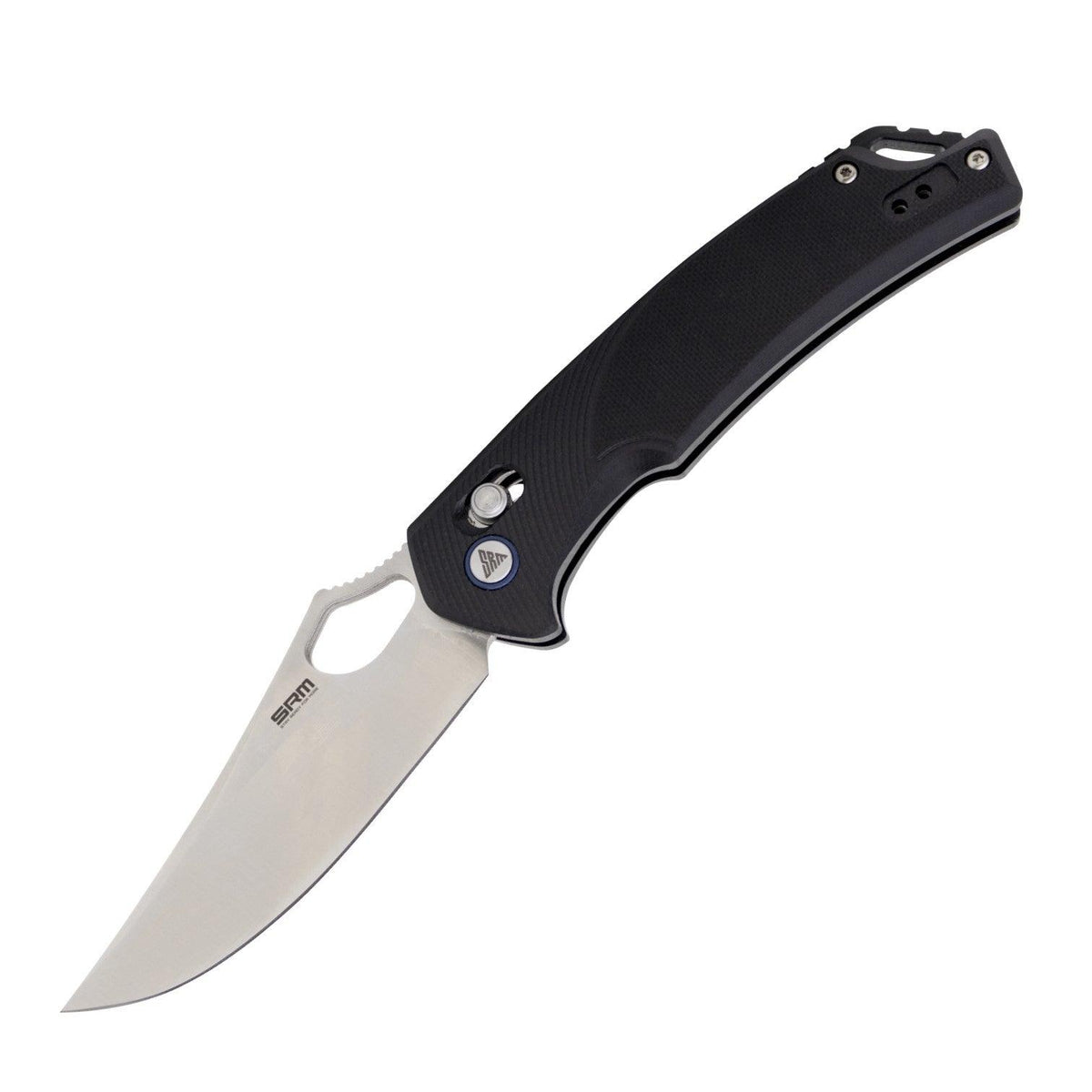 SRM Retriever 9202 front view – 3.54″ brushed D2 clip point folding knife with black G10 handle