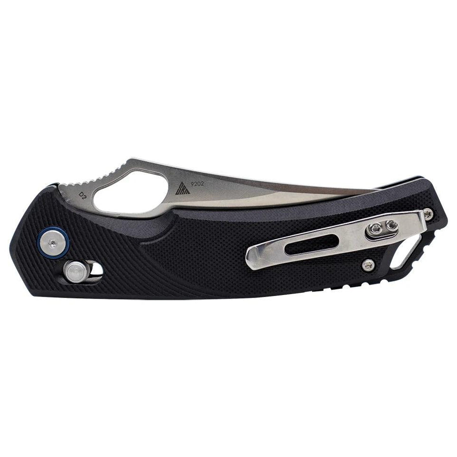 SRM Retriever 9202 official product photo – D2 clip point blade, black G10 handle, crossbar lock