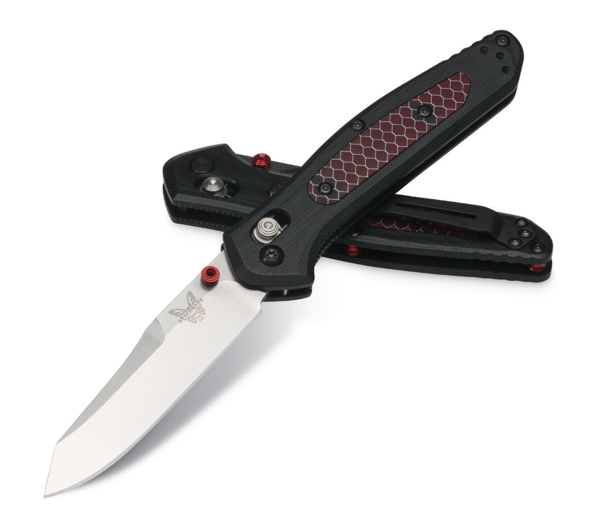Benchmade 940-1701 Going Gear Exclusive BCM-940-1701 20CV reverse tanto folding knife showing red anodized barrel spacers and thumb stud