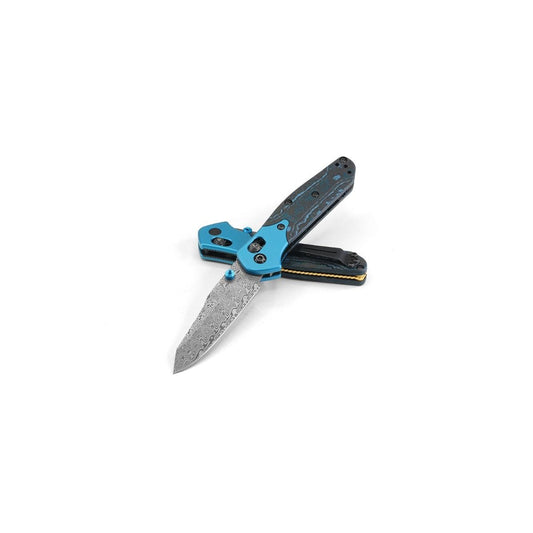 Benchmade Mini Osborne 945-221 Gold Class front view, 2.92 inch Damasteel reverse tanto Fat Carbon folding knife