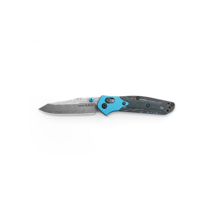 Benchmade Mini Osborne 945-221 Gold Class open position showing Damasteel reverse tanto blade