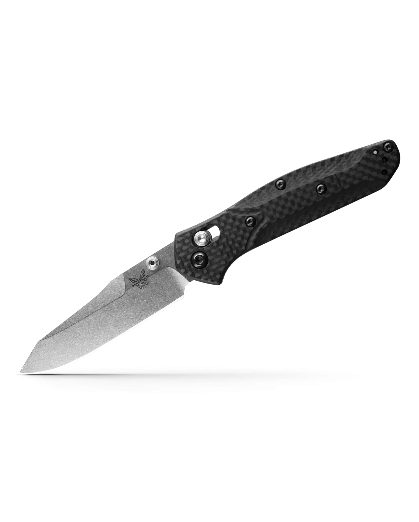 Benchmade Mini Osborne 945-2 front view, 2.92 inch satin CPM-S90V reverse tanto carbon fiber folding knife