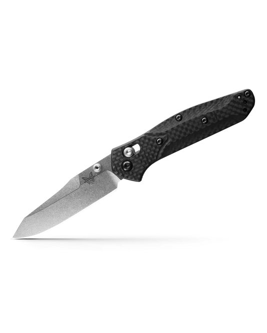Benchmade Mini Osborne 945-2 front view, 2.92 inch satin CPM-S90V reverse tanto carbon fiber folding knife