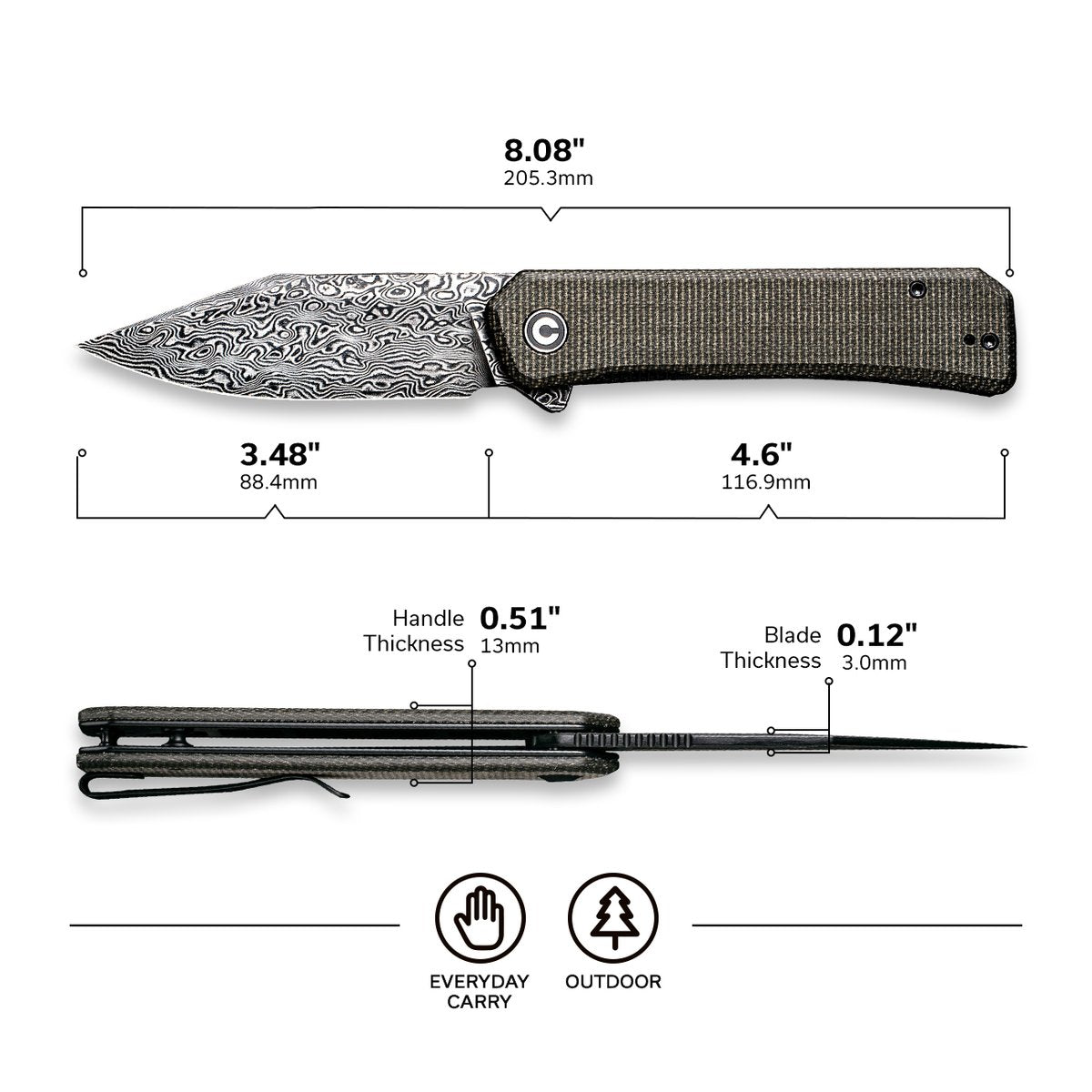 CIVIVI Relic Folding Knife C20077B-DS1 3.48 in Damascus Blade Dark Green Micarta Handle