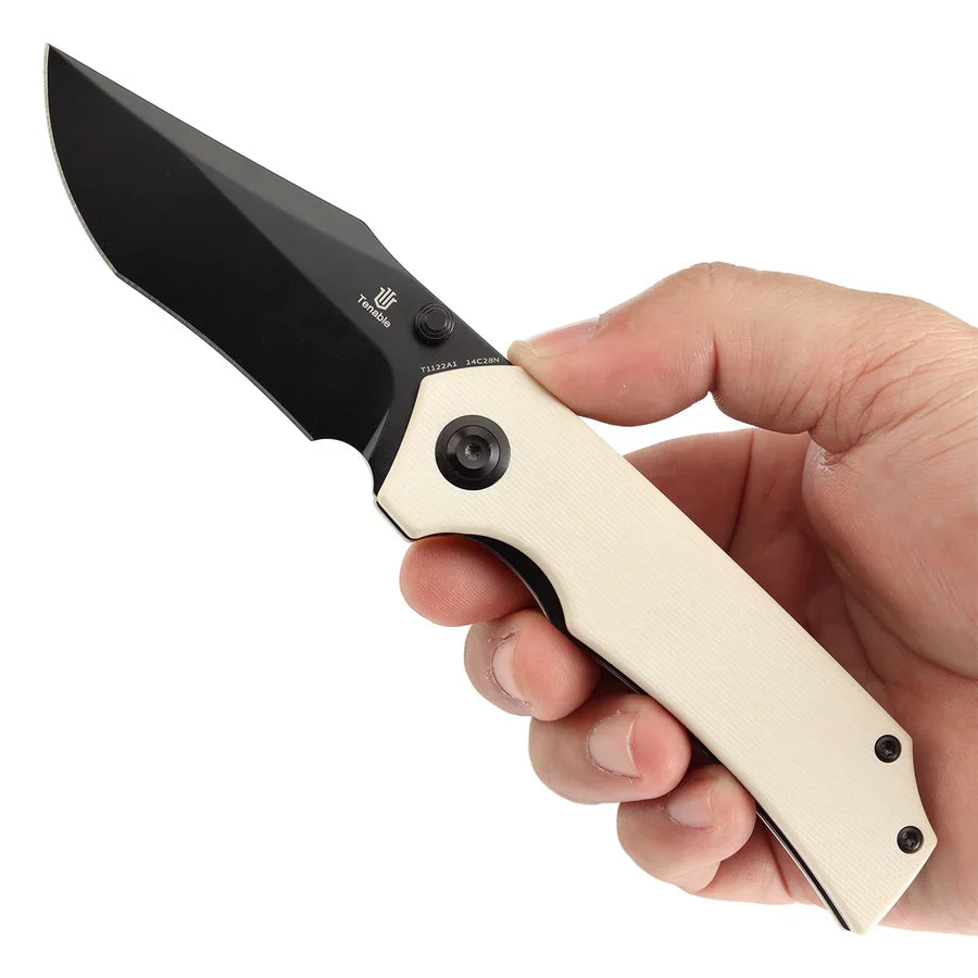 Tenable Fermi T1122A1 – 3.11" Black TiCN-Coated 14C28N Blade, Ivory White G10 Handle with Liner Lock