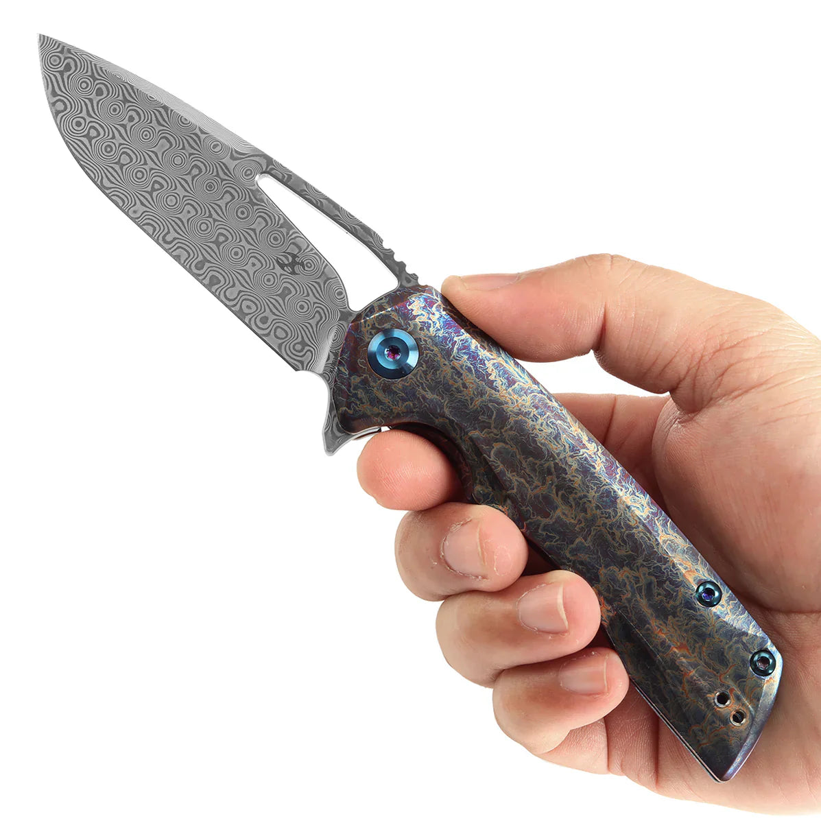 Kansept Kryo 3.58" Damascus Titanium with Lightning Strike Finish Blue K1001A6