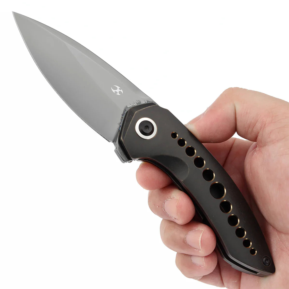 Kansept ODD 21 K1077A6 – 3.08" Mirror DLC CPM 20CV Blade, Blackwash Titanium Handle with Bronze-Anodized Holes, Titanium Frame Lock (Tuff Knives Design)