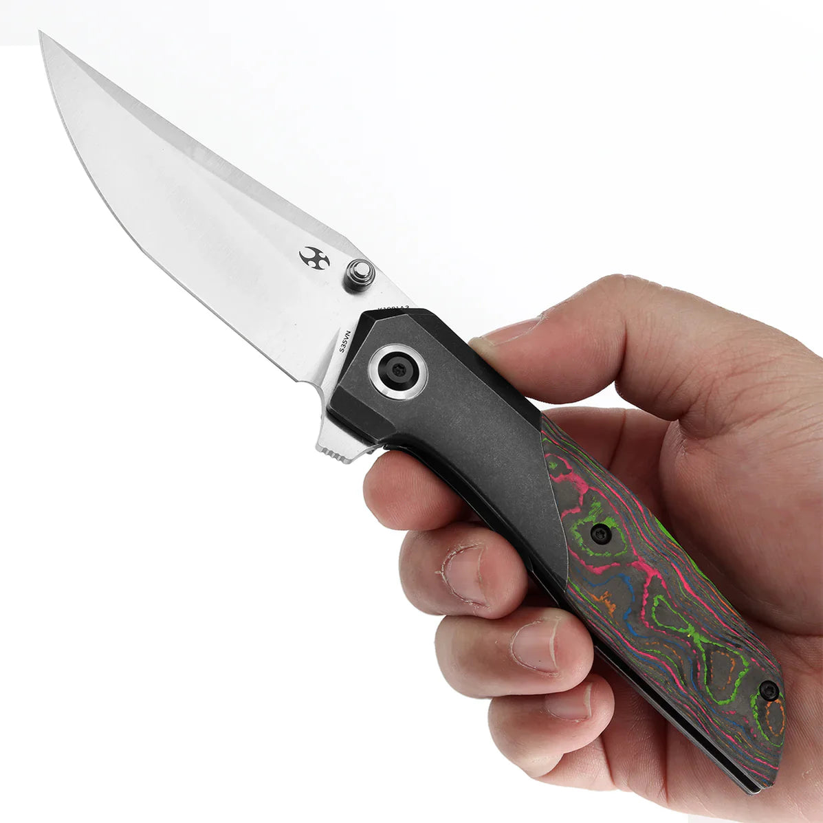 Kansept Deadite 3.52" Satin S35VN Black Stonewashed Titanium+Black/Blue Rose Pattern Carbon Fiber Black and Blue K1081A3