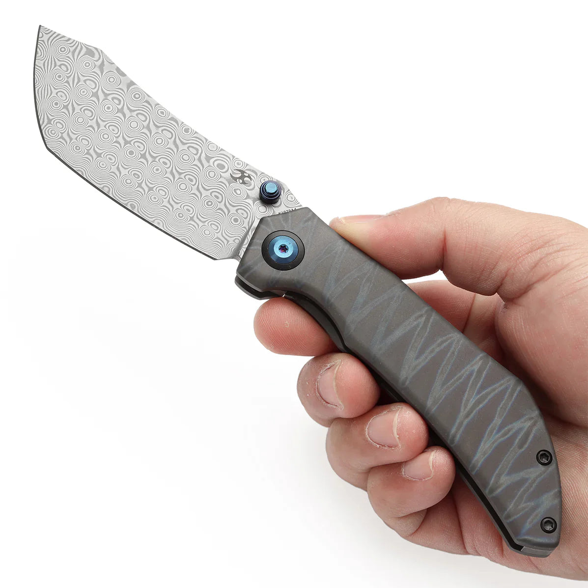 Kansept Tipper 3.38" Damascus Titanium with Tiger Stripe Finish Grey K1079A4