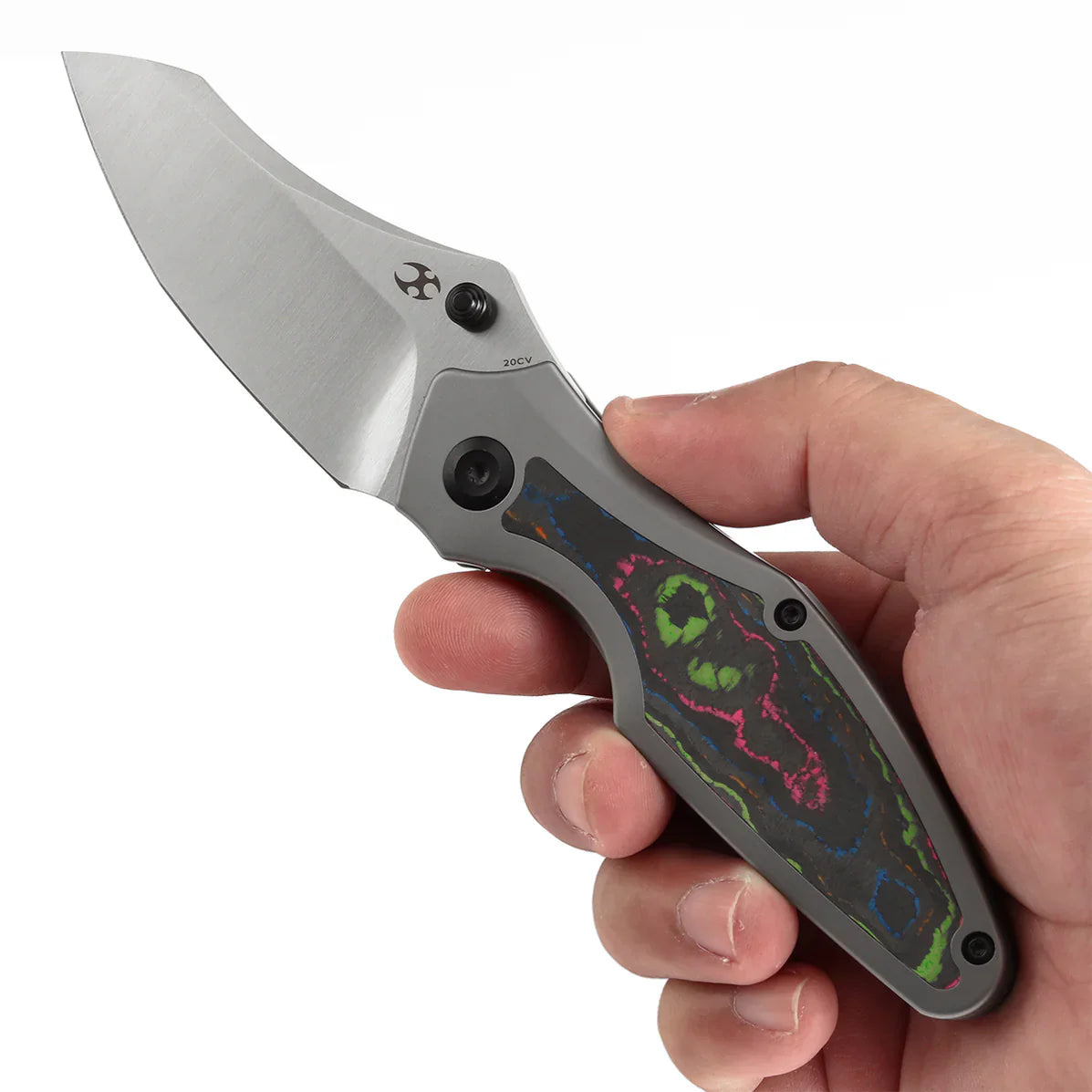 Kansept Baba Yaga 3.06" CPM 20CV Bead Blasted Titanium + 80S Camo Carbon Inlay Yellow, Blue K1074A4
