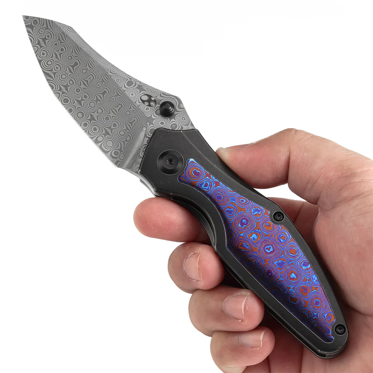 Kansept Baba Yaga 3.06" Damascus Blackwash Titanium + Timascus Inlay + Timascus Clip Blue K1074A8