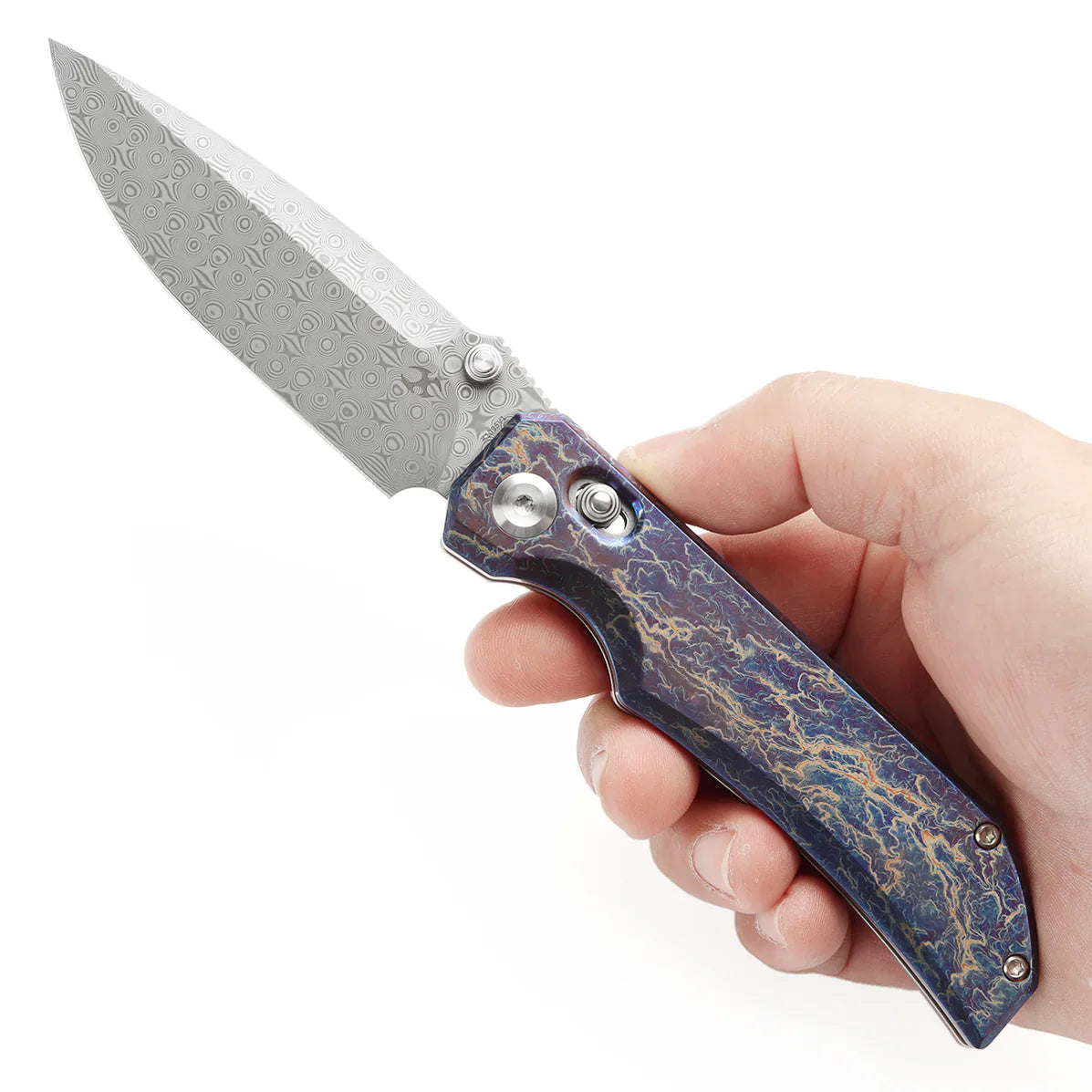Kansept Eaglestrike 3.73" Damascus Titanium with Lightning Strike Finish Purple Blue K1095V1
