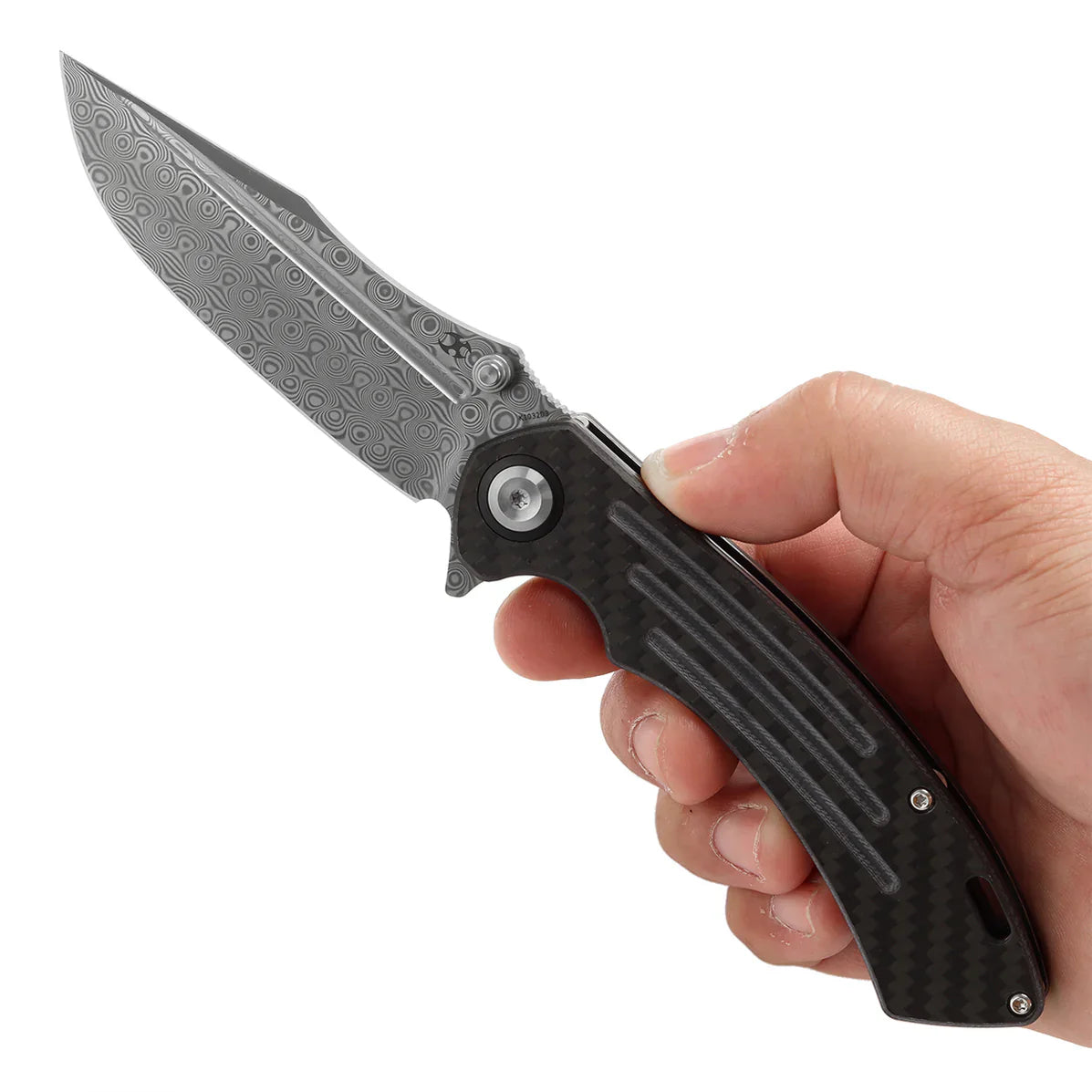 Kansept Pretatout 3.56" Damascus Carbon Fiber,G10 Black K1032D3