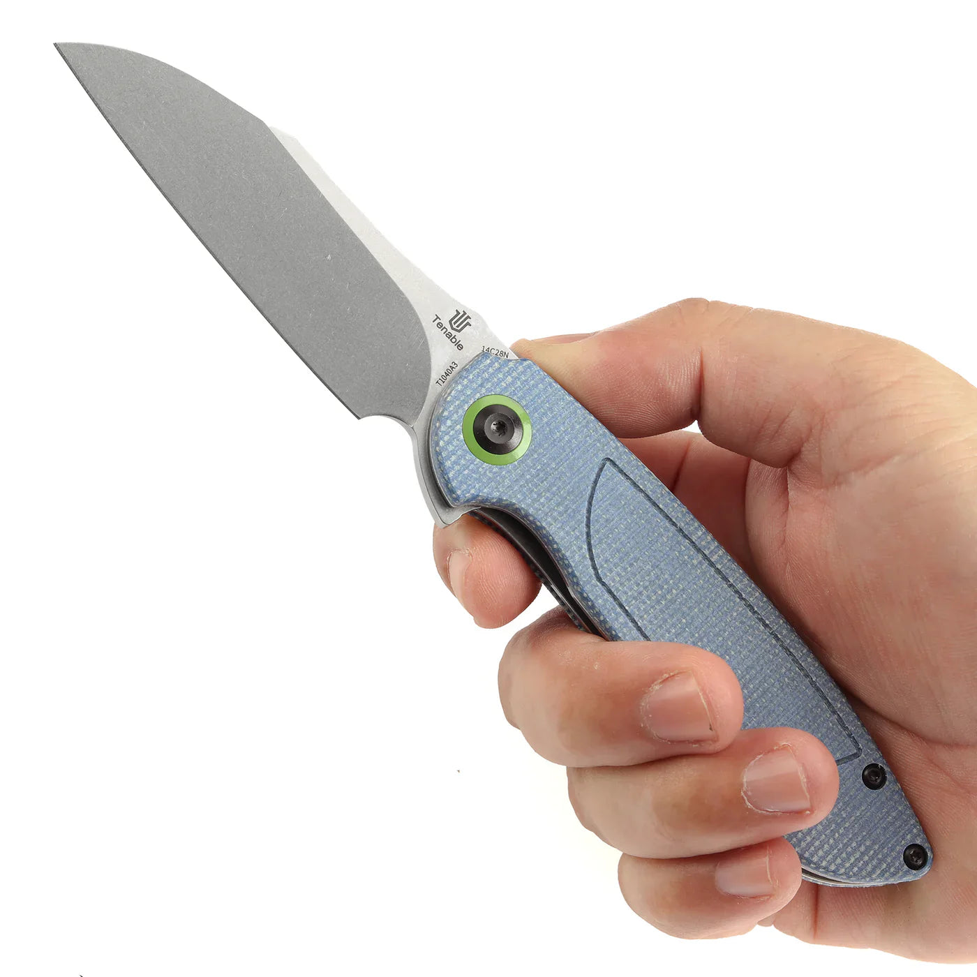 Kansept Prometheus 3.29" Stonewashed 14C28N Blue Micarta T1040A3