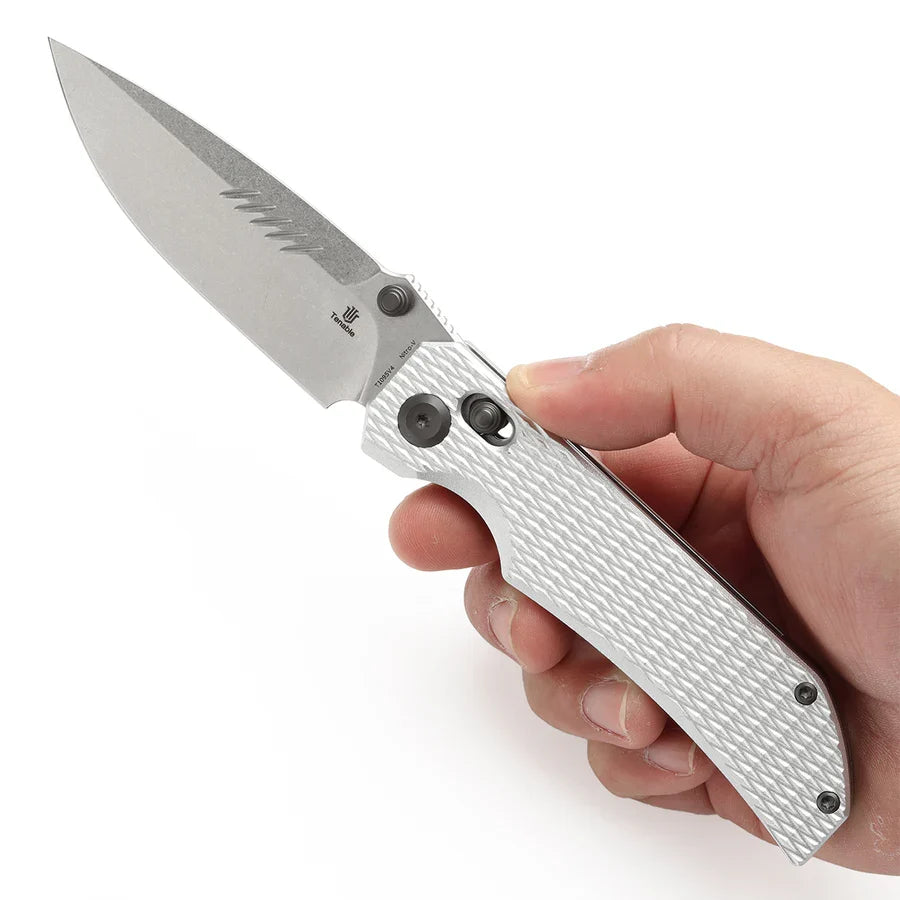 Tenable Eaglestrike T1095V4 – 3.73" Stonewashed Nitro-V Drop Point Blade, Silver Anodized Aluminum Handle with Diamond Pattern