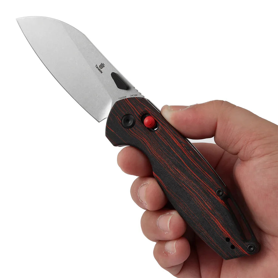 Tenable Model 6 T1022V8 – 3.1" Stonewashed 14C28N Sheepsfoot Blade, Red & Black G-mascus Handle, Crossbar Lock – Designed by Nick Swan
