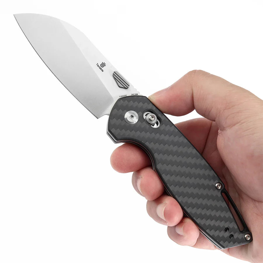 Tenable Model 6 T1022V1 – 3.1" Satin 14C28N Blade, Twill Carbon Fiber Handle with Crossbar Lock