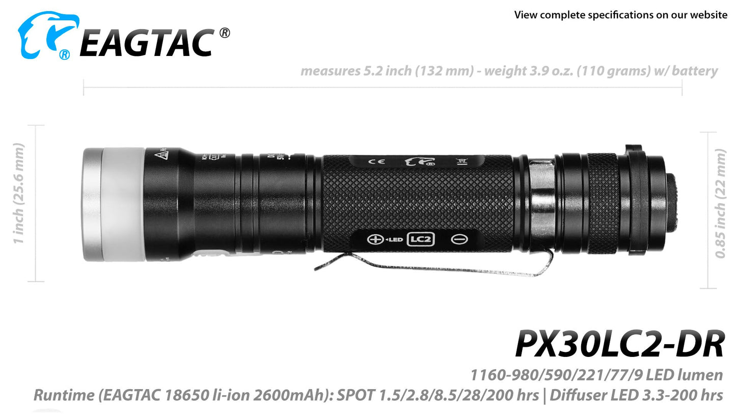 Eagtac PX30LC2DR 1160 Lumen & 600 Lumen 1 x 18650 CREE XP-L Hi LED Flashlight