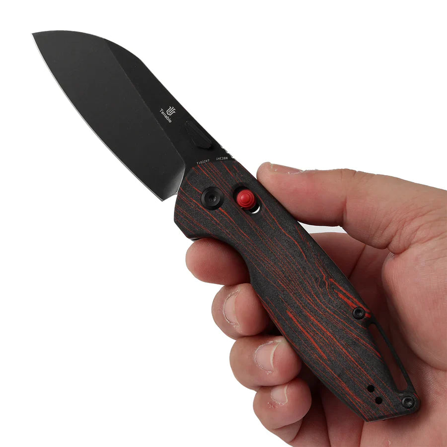 Tenable Model 6 T1022V7 – 3.1" Blackwash 14C28N Sheepsfoot Blade, Red & Black G-mascus Handle, Crossbar Lock – Designed by Nick Swan