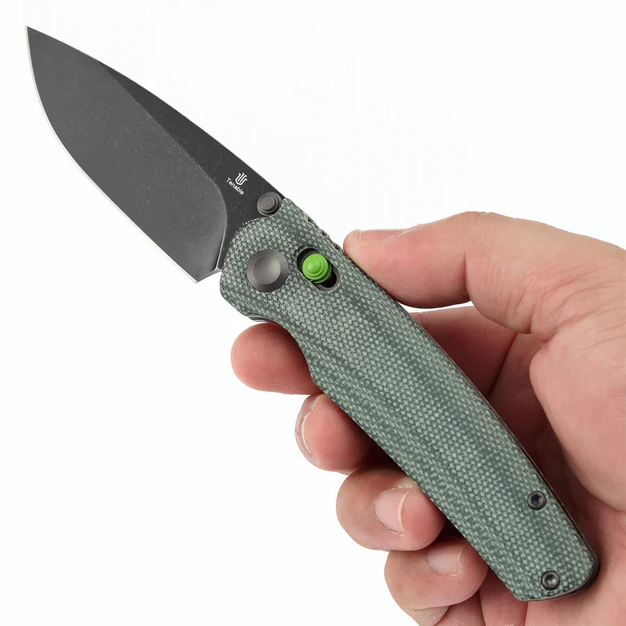 Tenable Raven T2109V5 – 3.14" Blackwashed 14C28N Drop Point Blade, Green Micarta Handle, Crossbar Lock – Designed by Black Bird Blades