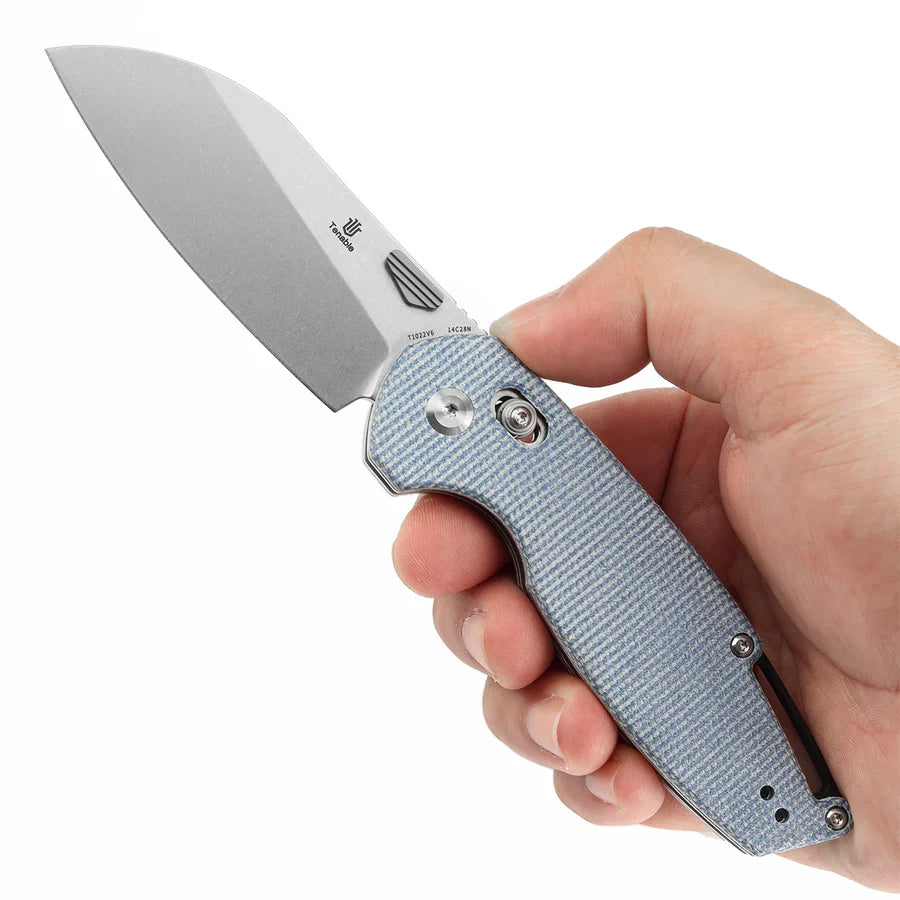 Tenable Model 6 T1022V6 – 3.1" Stonewashed 14C28N Blade, Blue Micarta Handle with Crossbar Lock