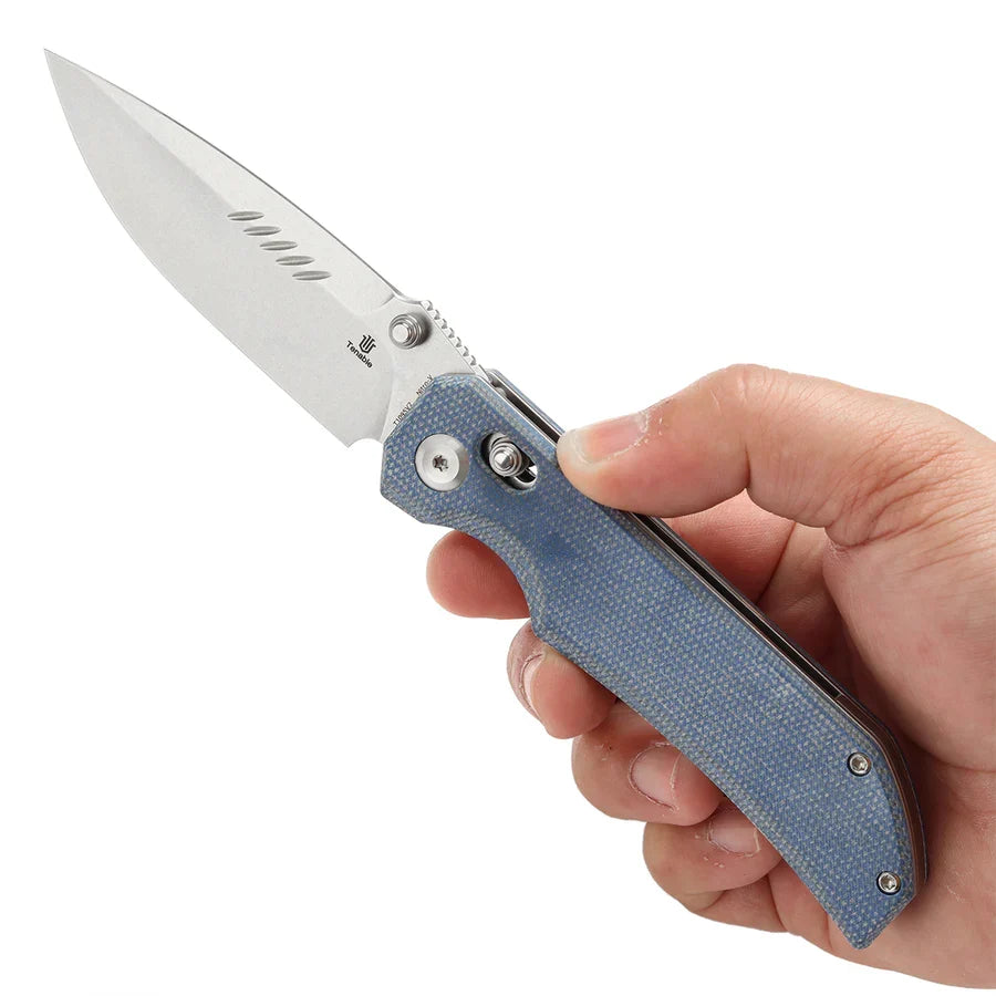 Tenable Eaglestrike T1095V2 – 3.73" Stonewashed Nitro-V Drop Point Blade, Blue Micarta Handle with Crossbar Lock