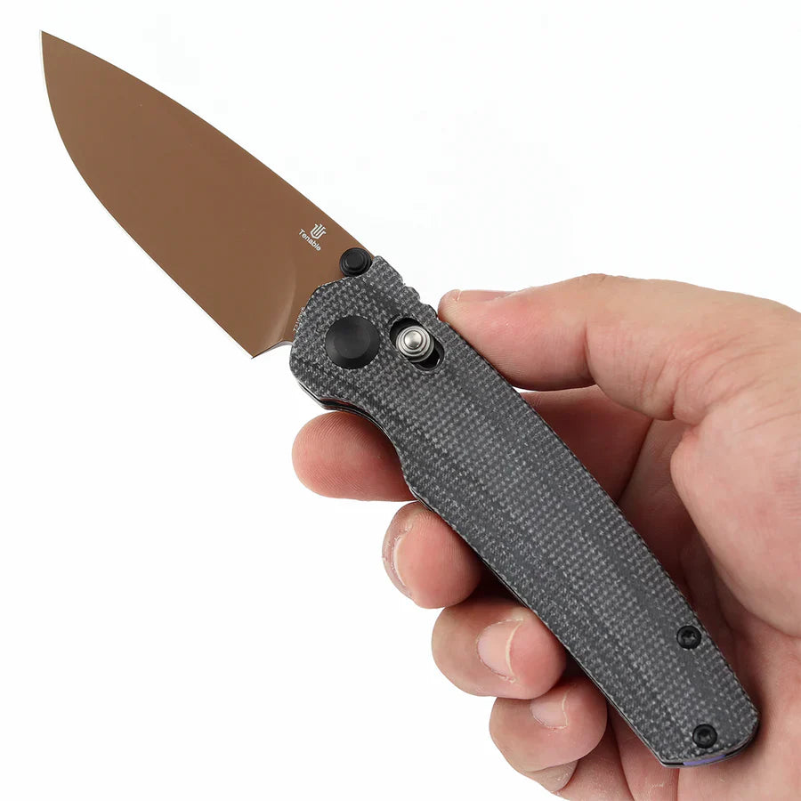 Tenable Raven T2109V6 – 3.14" Rose Gold Coated 14C28N Drop Point Blade, Black Micarta Handle, Crossbar Lock – Designed by Black Bird Blades