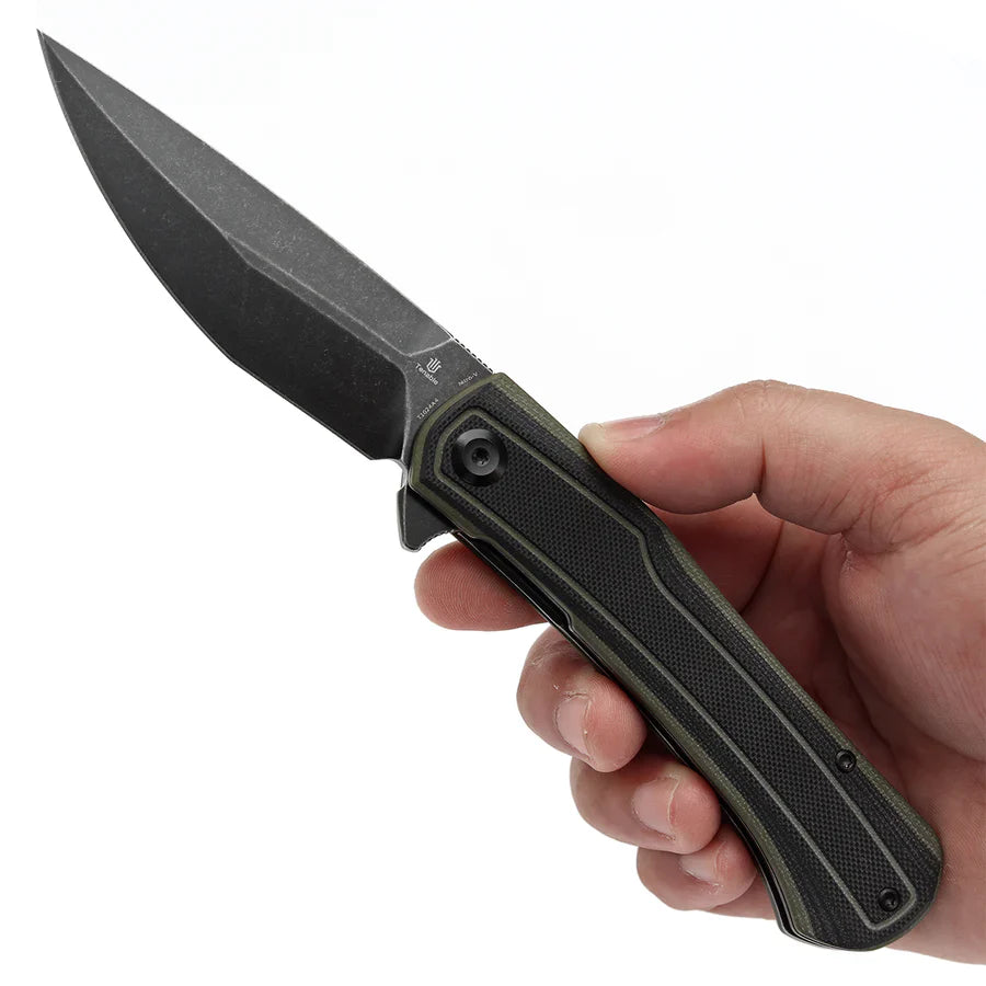 Tenable Kratos T1024A4 – 3.79" Nitro-V Blackwash Drop Point Blade, Black & Green G10 Handle, Liner Lock – Designed by Ostap Hel