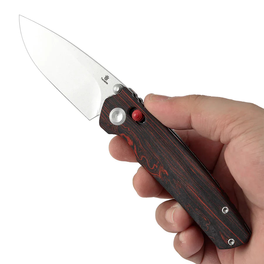Tenable Raven T2109V3 – 3.14" Stonewashed 14C28N Drop Point Blade, Red & Black G-mascus Handle, Crossbar Lock – Designed by Black Bird Blades