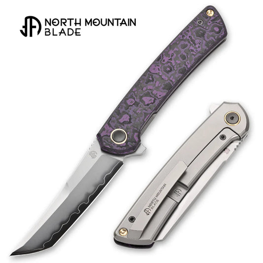 North Mountain Zero 3.5" Tanto Blade Purple Ceramic Carbon Fiber Handle w/ Smooth Flippers