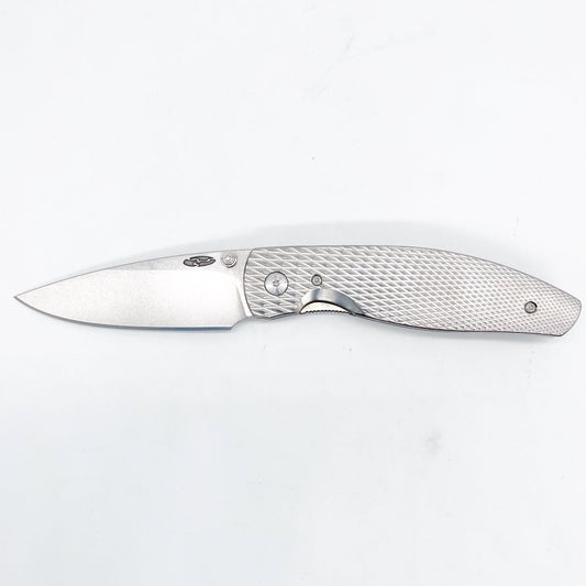 Three Rivers Mfg ATOM Linerlock 3.5" Tumbled CPM-20CV Titanium 3D Contoured Scales Lizard Skin Diamond Texture