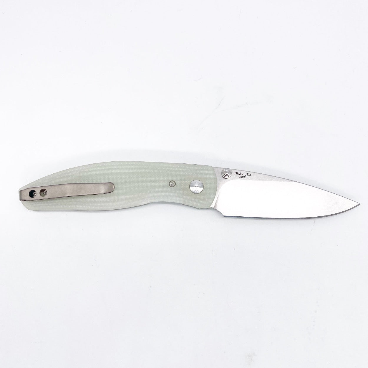 Three Rivers Mfg ATOM Linerlock 3.5" Tumbled CPM-20CV Jade G10 3D Contoured Scales