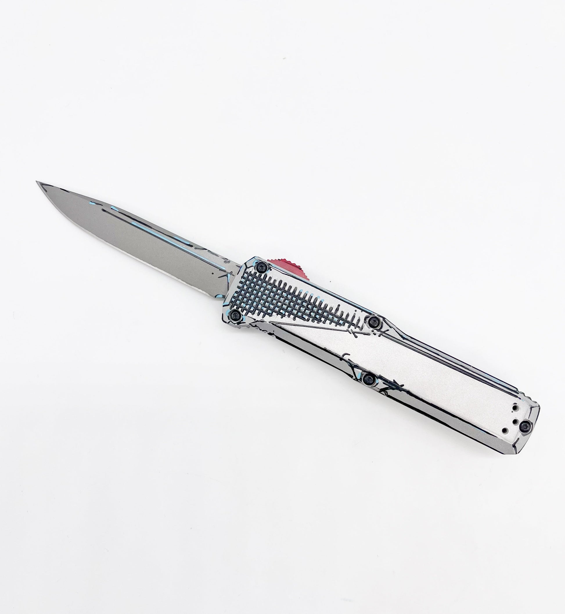 Benchmade 4600 Phaeton BEN-4600-CelShade front view - 3.45 inch S30V OTF automatic knife in silver red and blue Cel-Shade Cerakote