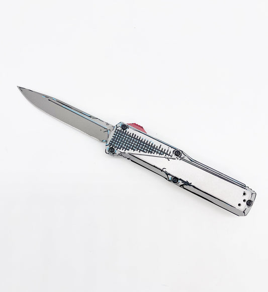Benchmade 4600 Phaeton BEN-4600-CelShade front view - 3.45 inch S30V OTF automatic knife in silver red and blue Cel-Shade Cerakote