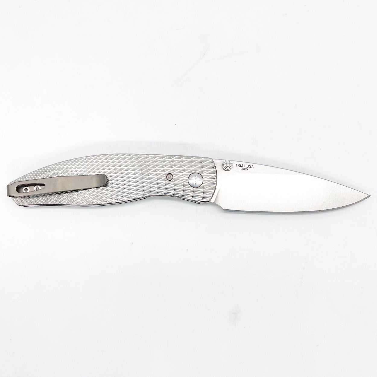 Three Rivers Mfg ATOM Linerlock 3.5" Tumbled CPM-20CV Titanium 3D Contoured Scales Lizard Skin Diamond Texture