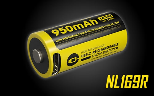 Nitecore NL169R 950mAh Rechargeable RCR123 16340 Battery with USB-C Charging Port